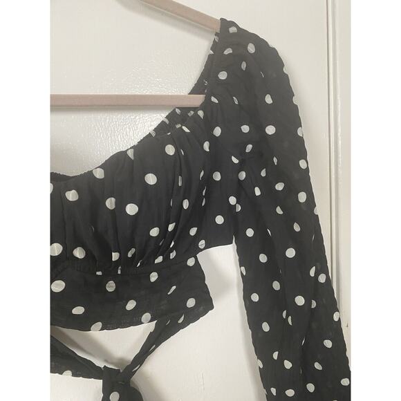 Kaylee Collection Black Polkadot Off Shoulder Long Sleeves Tube Top Tie Front S - Picture 9 of 10